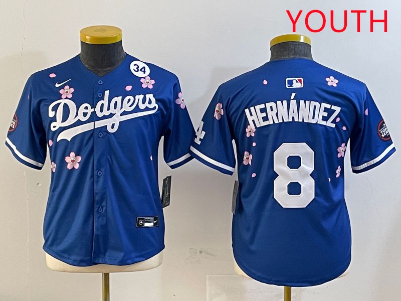 Youth Los Angeles Dodgers #8 Hernandez Blue Sakura Edition 2025 Nike MLB Jersey style 6->youth mlb jersey->Youth Jersey